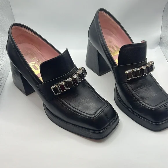 RAS black chunky heel leather loafer square toe/heel w/jewel detail SZ 39 US 9 - Picture 2 of 13